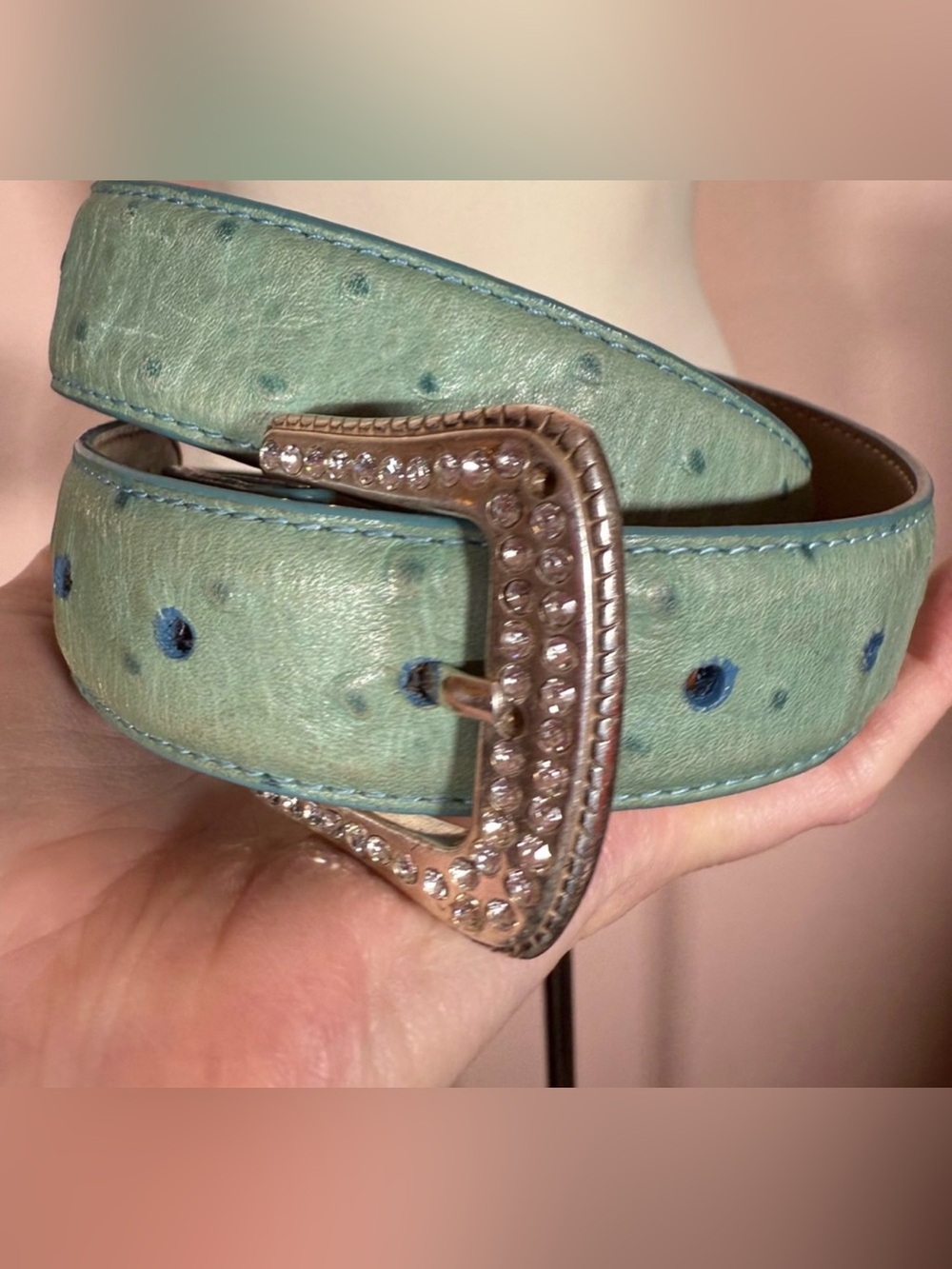 Roper turquoise ostrich embossed leather rhinestone silver buckle western belt - Picture 7 of 14
